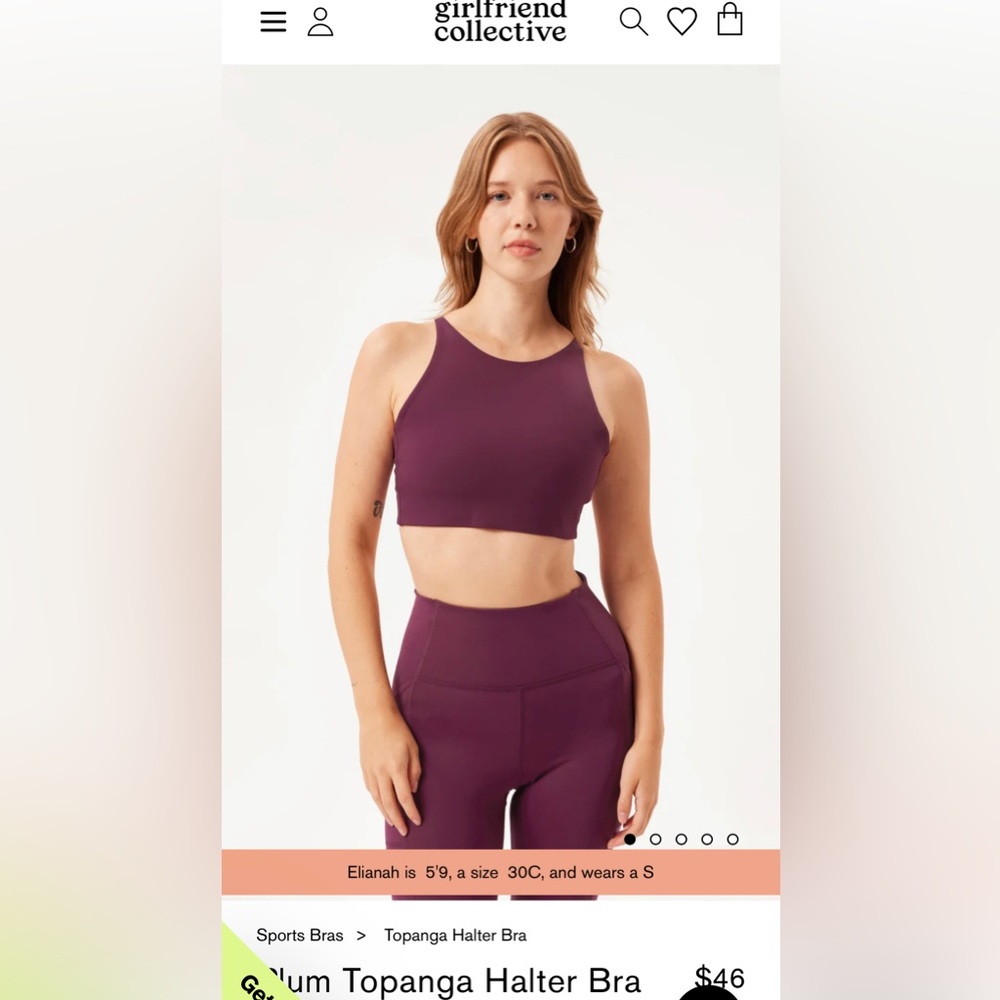 Girlfriend Collective set: plum high-rise leggings and Topanga sports bra